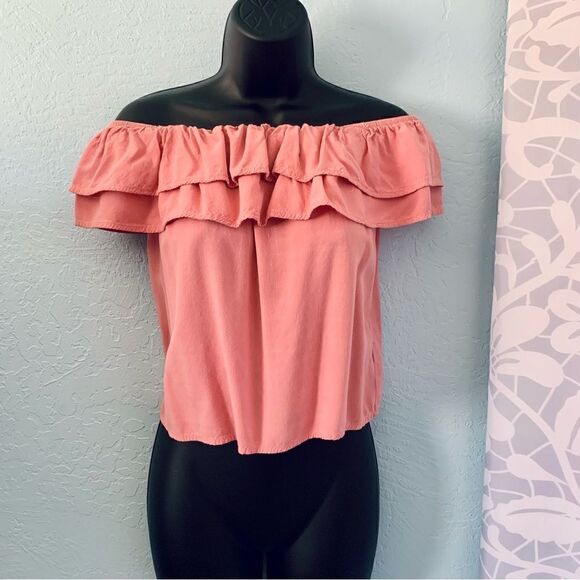 H&M Dusty Rose Pink Ruffled Boho Off Shoulder Peasant Blouse Size Small - Picture 1 of 6